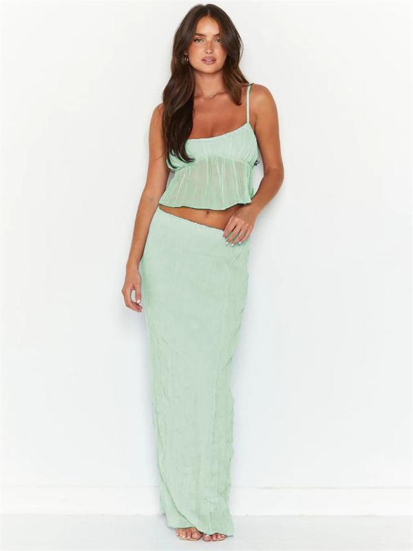 Light Green Straps Low Cut Chiffon Crop Top Sexy Pleated Casual Midi Skirt Dress Set