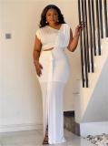 White Snatched Pleated Hollow Out Mesh Wedding Maxi Dress