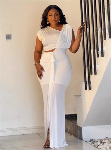 White Snatched Pleated Hollow Out Mesh Wedding Maxi Dress