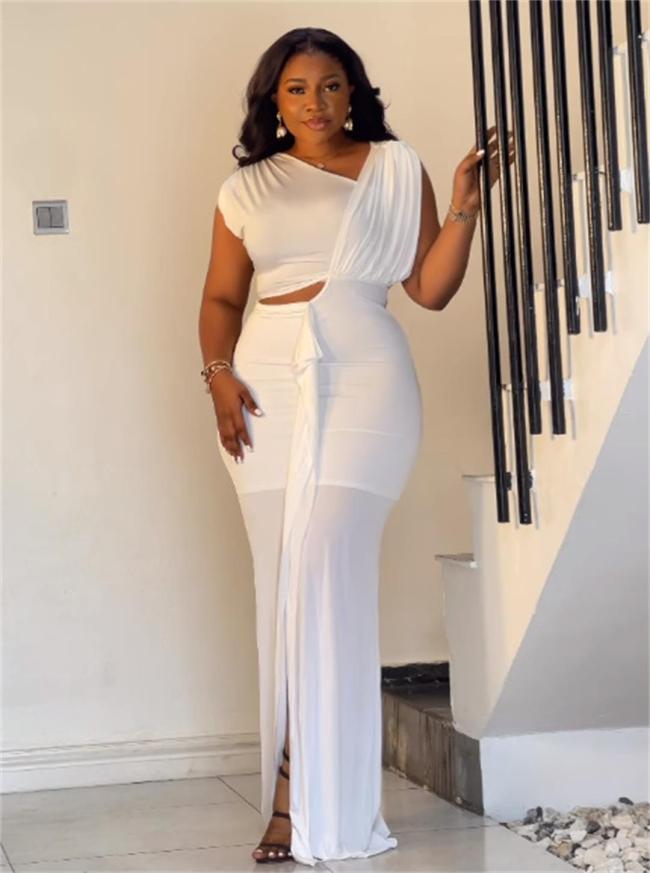 White Snatched Pleated Hollow Out Mesh Wedding Maxi Dress