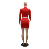 Red Long Sleeve Fashion Tops Diamonds Sexy Bodycon Mini Dress Sets