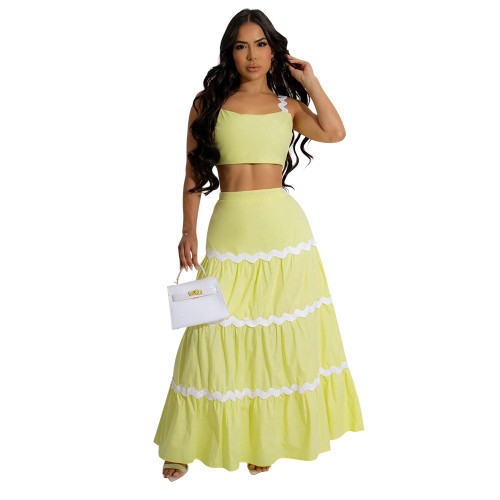 Yellow Straps Low Cut Tank Top Waving Striped Women Casual Summer Maxi Skirt Dress