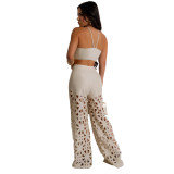 Beige Sleeveless Sexy Tops Cut Out Pleated Wide Leg Jumpsuit Sets