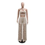 Beige Sleeveless Sexy Tops Cut Out Pleated Wide Leg Jumpsuit Sets