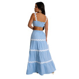 Blue Straps Low Cut Tank Top Waving Striped Women Casual Summer Maxi Skirt Dress