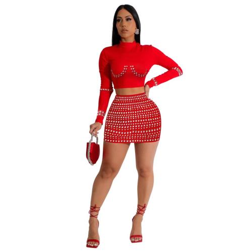 Red Long Sleeve Fashion Tops Diamonds Sexy Bodycon Mini Dress Sets