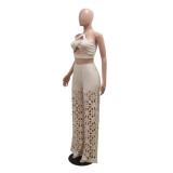Beige Sleeveless Sexy Tops Cut Out Pleated Wide Leg Jumpsuit Sets