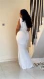 White Snatched Pleated Hollow Out Mesh Wedding Maxi Dress