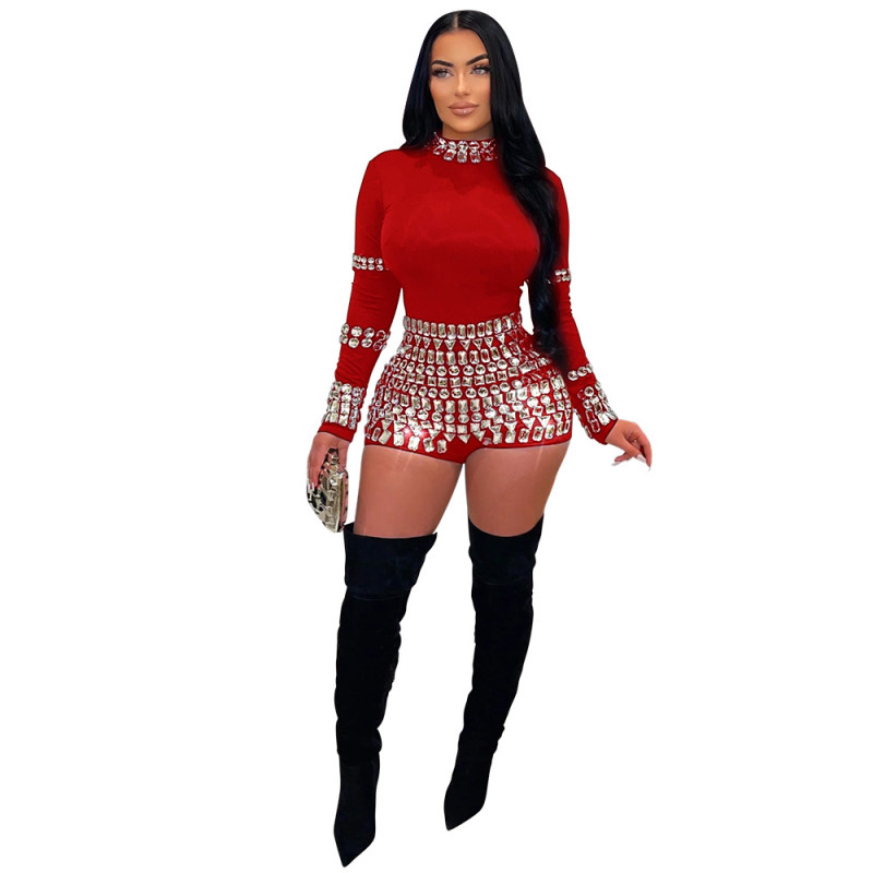 Red Long Sleeve Crystal Sexy Women Bodycon Evening Women Rompers