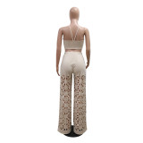 Beige Sleeveless Sexy Tops Cut Out Pleated Wide Leg Jumpsuit Sets