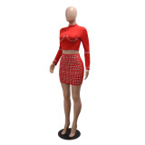 Red Long Sleeve Fashion Tops Diamonds Sexy Bodycon Mini Dress Sets