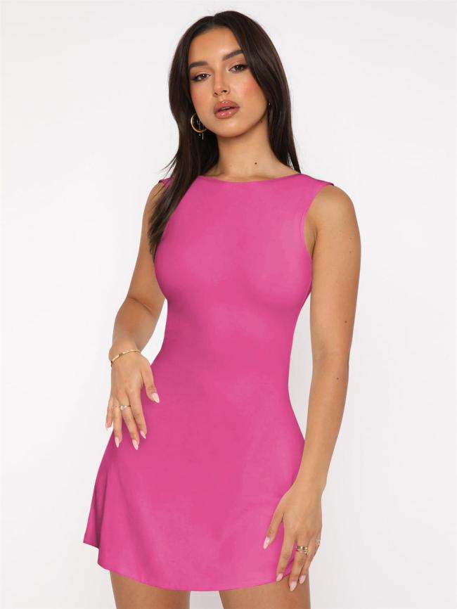 Rose Red Sexy Girls Backless Pleated Elegant Party Short Mini Dress