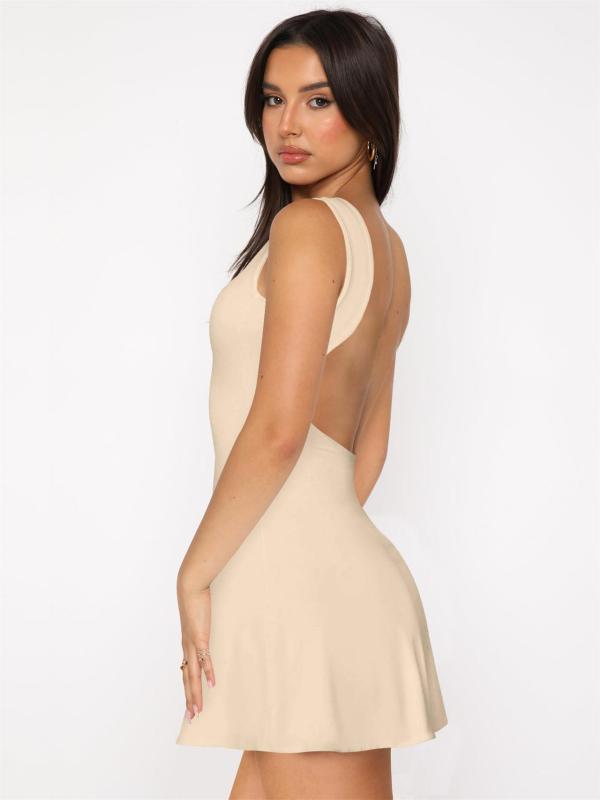 Beige Sexy Girls Backless Pleated Elegant Party Short Mini Dress