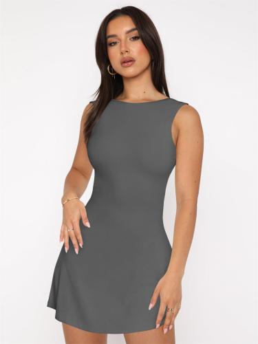 Gray Sexy Girls Backless Pleated Elegant Party Short Mini Dress