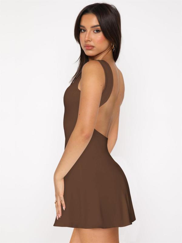 Coffee Sexy Girls Backless Pleated Elegant Party Short Mini Dress