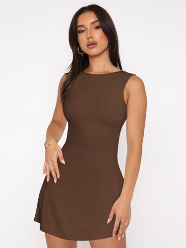 Coffee Sexy Girls Backless Pleated Elegant Party Short Mini Dress