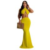 Yellow Straps Sexy Hollow Out Sexy Snatched Bodycon Maxi Evening Prom Dress