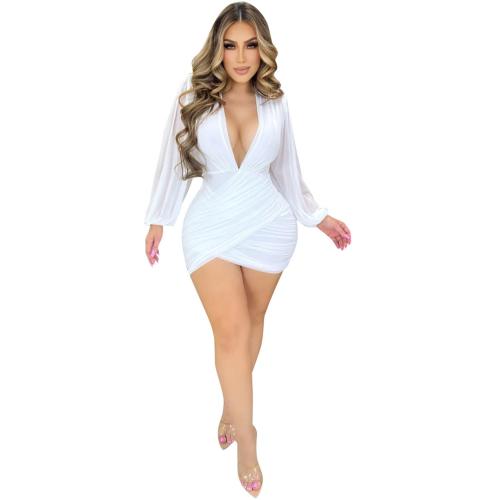 White Mesh Long Sleeve Deep V Neck Sexy Pleated Party Dress 001