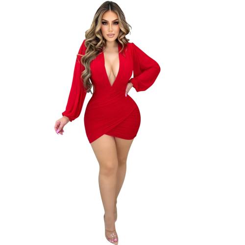 Red Mesh Long Sleeve Deep V Neck Sexy Pleated Party Dress