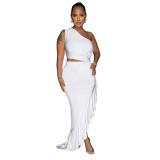 White Off Shoulder Irregular Sleeveless Women Cut Out Pleated Sexy Maxi Dress