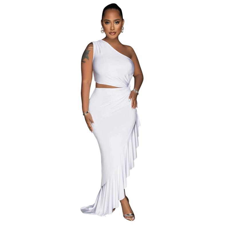 White Off Shoulder Irregular Sleeveless Women Cut Out Pleated Sexy Maxi Dress
