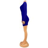 Blue Mesh Long Sleeve Deep V Neck Sexy Pleated Party Dress