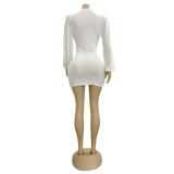 White Mesh Long Sleeve Deep V Neck Sexy Pleated Party Dress 001
