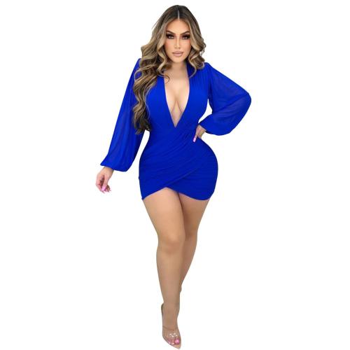 Blue Mesh Long Sleeve Deep V Neck Sexy Pleated Party Dress