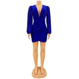 Blue Mesh Long Sleeve Deep V Neck Sexy Pleated Party Dress