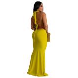 Yellow Straps Sexy Hollow Out Sexy Snatched Bodycon Maxi Evening Prom Dress