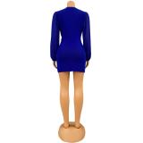 Blue Mesh Long Sleeve Deep V Neck Sexy Pleated Party Dress