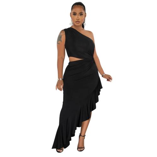 Black Off Shoulder Irregular Sleeveless Women Cut Out Pleated Sexy Maxi Dress