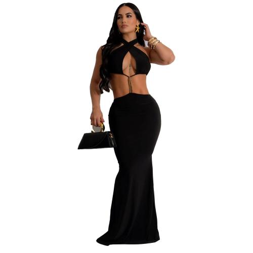 Black Straps Sexy Hollow Out Sexy Snatched Bodycon Maxi Evening Prom Dress