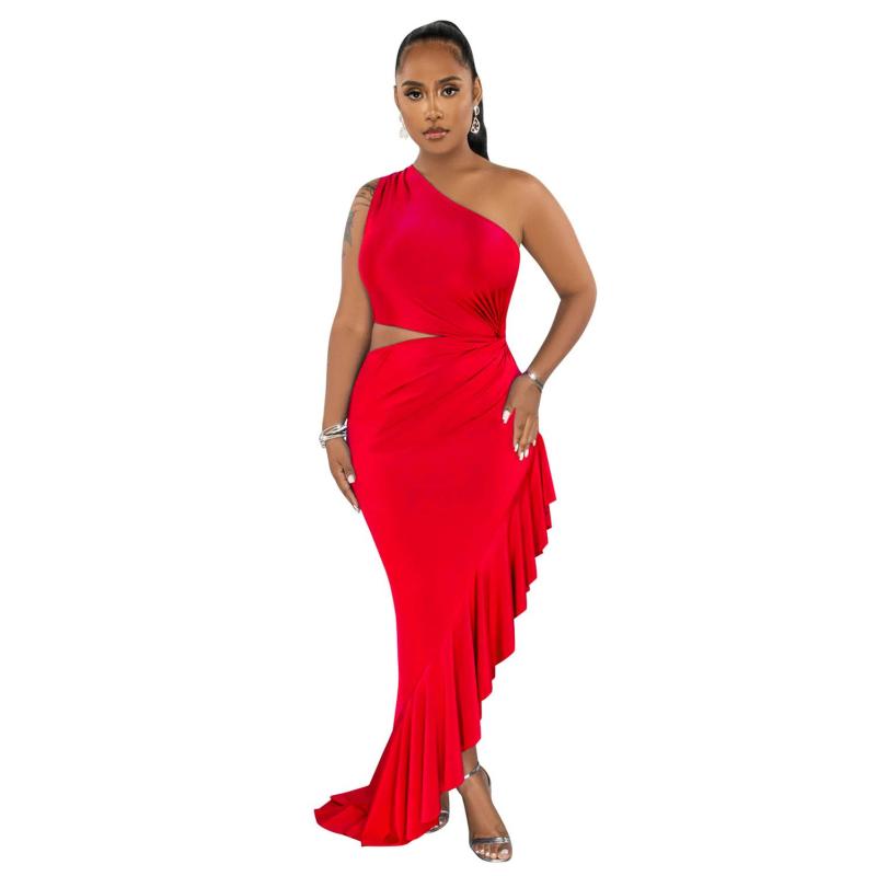 Red Off Shoulder Irregular Sleeveless Women Cut Out Pleated Sexy Maxi Dress