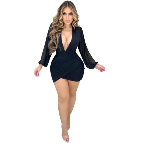 Black Mesh Long Sleeve Deep V Neck Sexy Pleated Party Dress