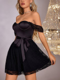 Black Sleeveless Lace Hollow Out Bandage Women Skirt Dress