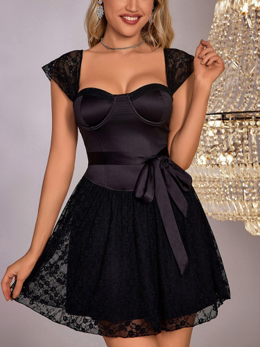 Black Sleeveless Lace Hollow Out Bandage Women Skirt Dress