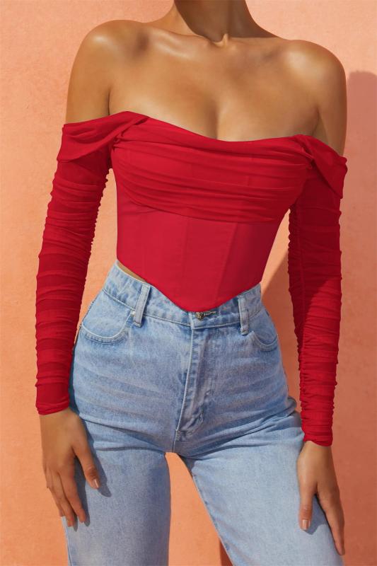 Red Mesh Boning See-Through One-Shoulder Exposed Belly Short Crop Top