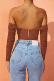 Brown Mesh Boning See-Through One-Shoulder Exposed Belly Short Crop Top