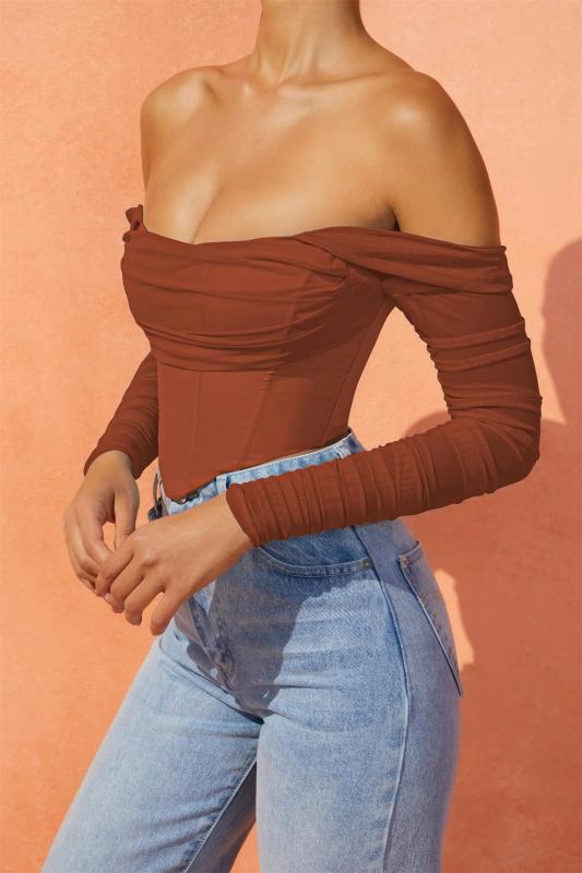 Brown Mesh Boning See-Through One-Shoulder Exposed Belly Short Crop Top