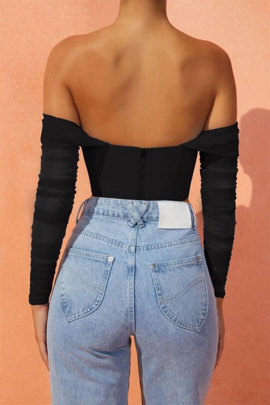 Black Mesh Boning See-Through One-Shoulder Exposed Belly Short Crop Top