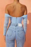 Sky Blue Mesh Boning See-Through One-Shoulder Exposed Belly Short Crop Top