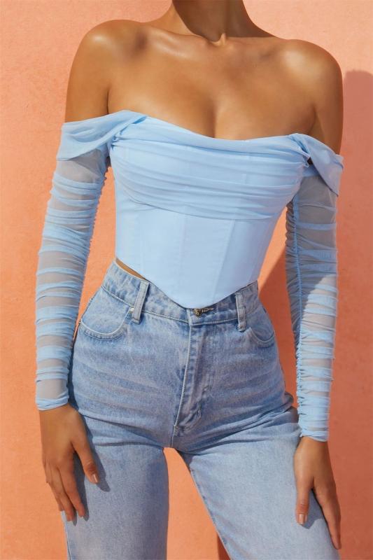 Sky Blue Mesh Boning See-Through One-Shoulder Exposed Belly Short Crop Top