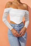 White Mesh Boning See-Through One-Shoulder Exposed belly Short Crop Top