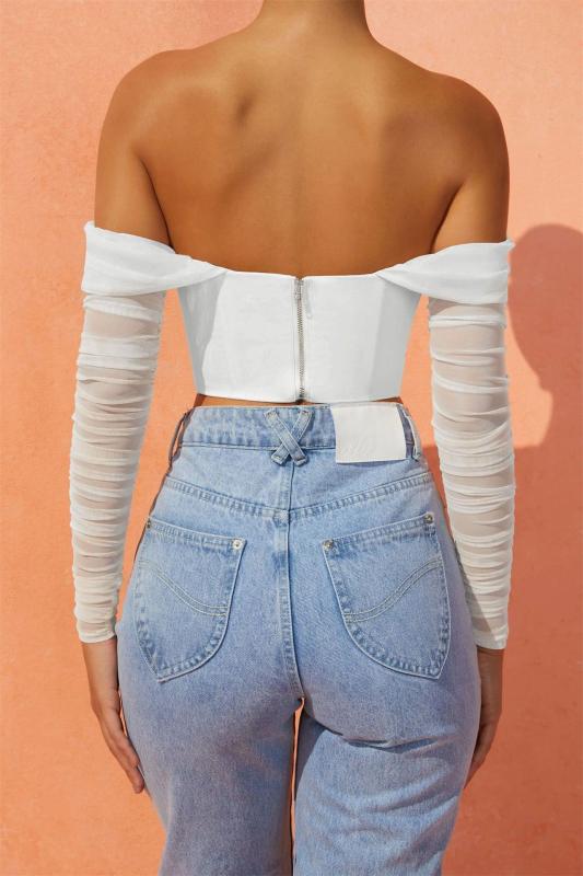 White Mesh Boning See-Through One-Shoulder Exposed belly Short Crop Top