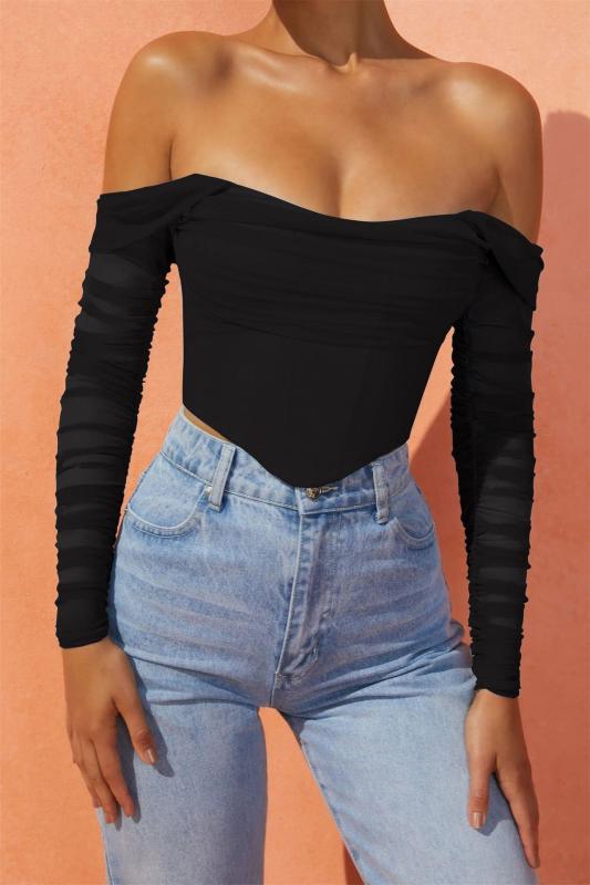 Black Mesh Boning See-Through One-Shoulder Exposed Belly Short Crop Top