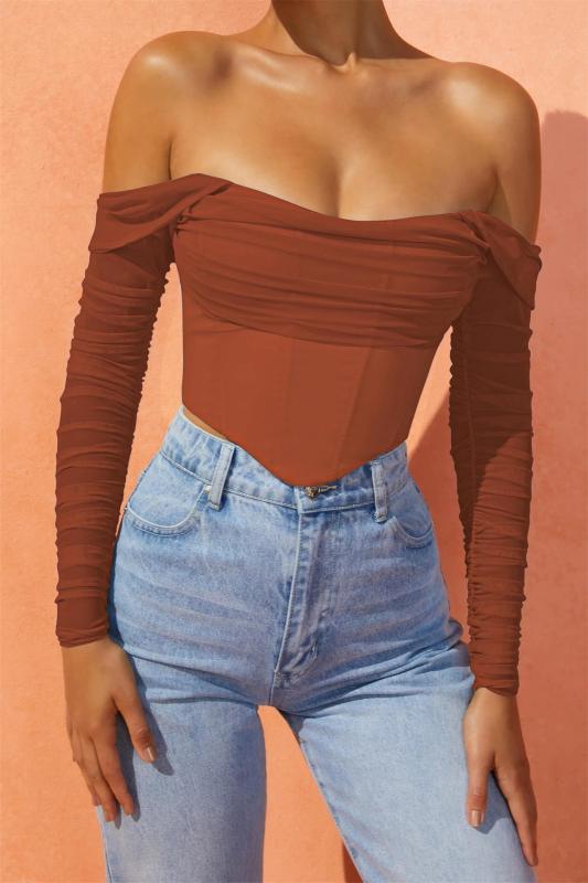 Brown Mesh Boning See-Through One-Shoulder Exposed Belly Short Crop Top