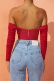 Red Mesh Boning See-Through One-Shoulder Exposed Belly Short Crop Top