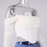 White Mesh Boning See-Through One-Shoulder Exposed belly Short Crop Top