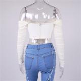 White Mesh Boning See-Through One-Shoulder Exposed belly Short Crop Top